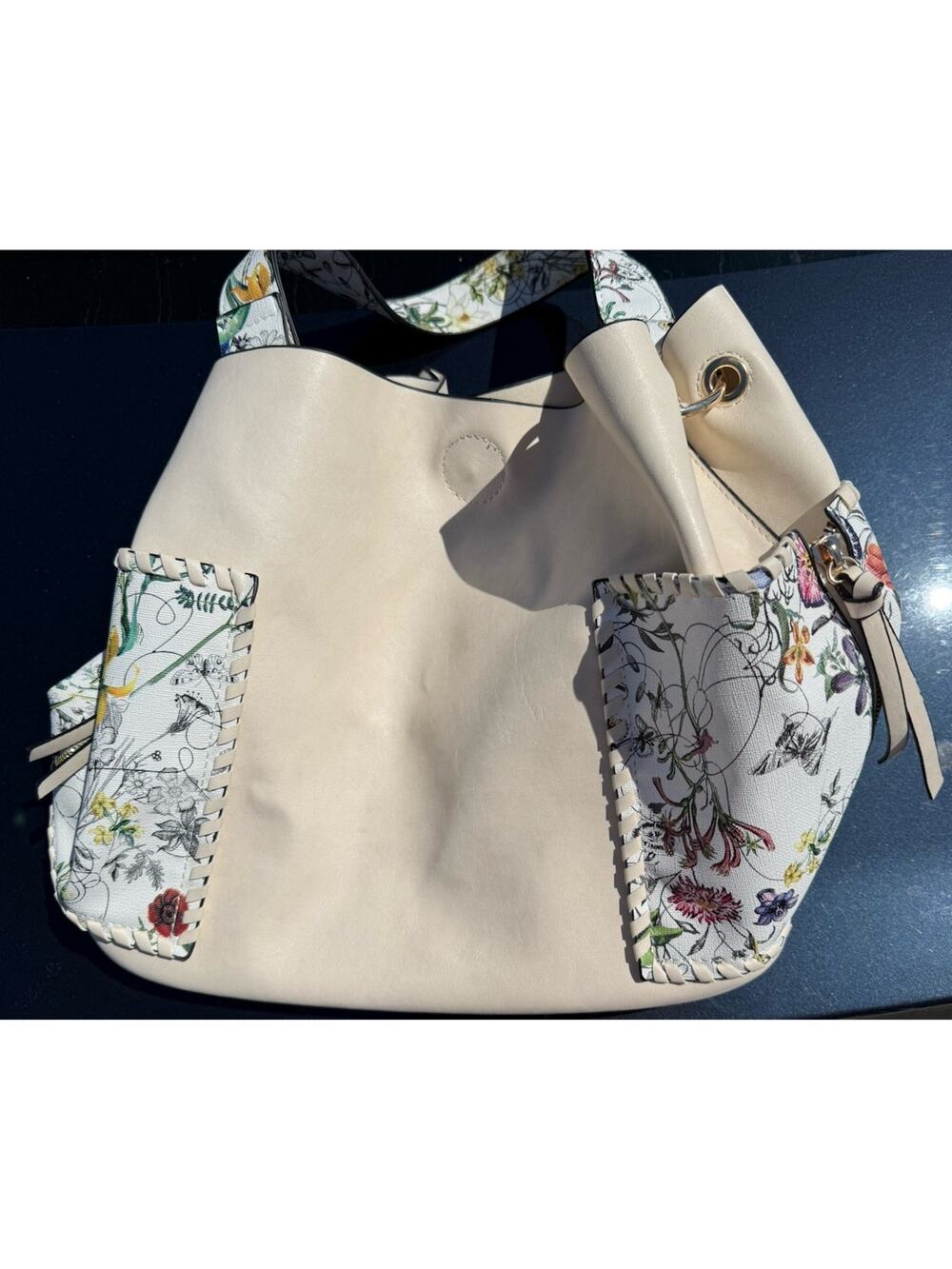 Floral Butterfly Bucket Tote Bag Cream Botanical Cottagecore Boho Garden Purse